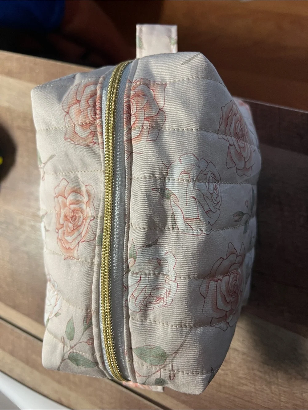 Floral Quilted Cosmetic Pouch in Blush Rose